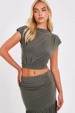 Quiz Khaki High Neck Crop Top New