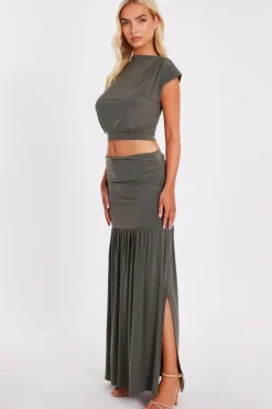 Quiz Khaki High Neck Crop Top New