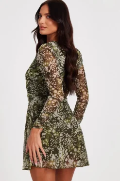 Quiz Khaki Mesh Animal Print Mini Dress Online