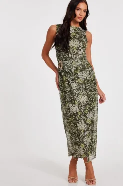 Quiz Khaki Mesh Animal Print Midaxi Dress Online