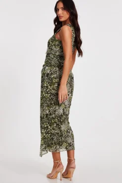 Quiz Khaki Mesh Animal Print Midaxi Dress Online