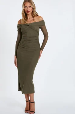 Quiz Khaki Mesh Twist Bardot Midaxi Dress New
