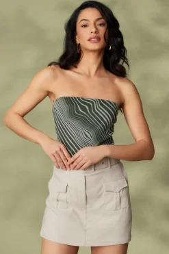 Quiz Khaki Mesh Wave Strapless Bodysuit Clearance