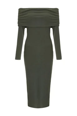 Quiz Khaki Ribbed Bardot Midi Dress Outlet