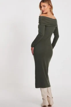 Quiz Khaki Ribbed Bardot Midi Dress Outlet