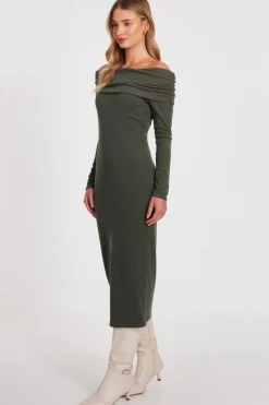 Quiz Khaki Ribbed Bardot Midi Dress Outlet
