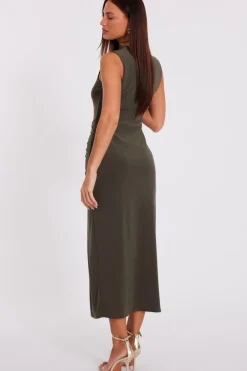 Quiz Ruched Bodycon Midaxi Dress Khaki Discount