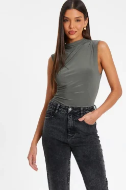 Quiz Khaki Ruched Sleeveless Bodysuit Sale