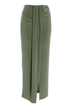 Quiz Ruched Split Maxi Skirt Khaki Clearance