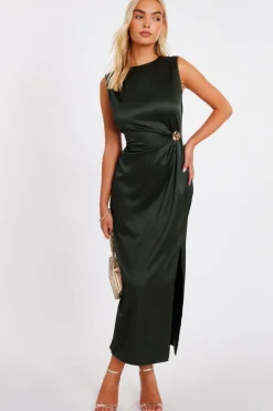 Quiz Khaki Satin Buckle Side Midaxi Dress Best
