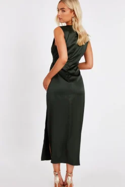 Quiz Khaki Satin Buckle Side Midaxi Dress Best