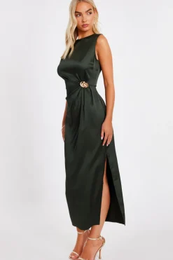 Quiz Khaki Satin Buckle Side Midaxi Dress Best