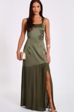 Quiz Satin Pleated Maxi Dress Khaki