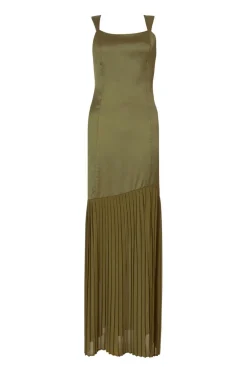 Quiz Satin Pleated Maxi Dress Khaki