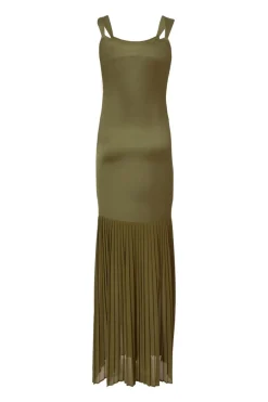 Quiz Satin Pleated Maxi Dress Khaki