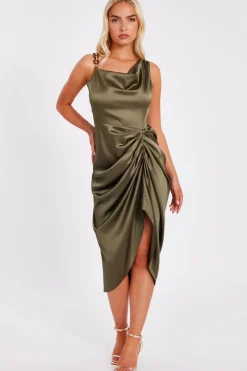 Quiz Khaki Satin Ruched Midi Dress New