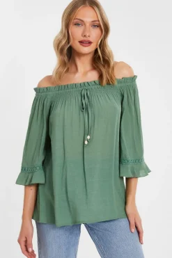 Quiz Khaki Textured Bardot Top Discount