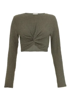Quiz Textured Knot Front Crop Top Khaki Hot