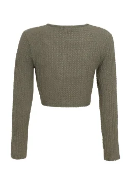 Quiz Textured Knot Front Crop Top Khaki Hot