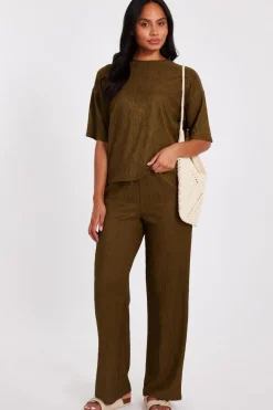 Quiz Textured Palazzo Trousers Khaki Online