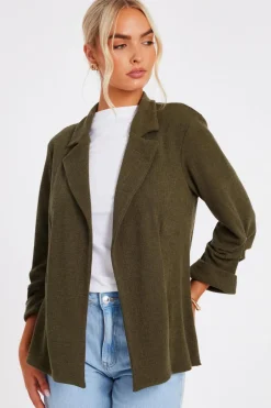 Quiz Textured Ruched Sleeve Blazer Khaki Sale