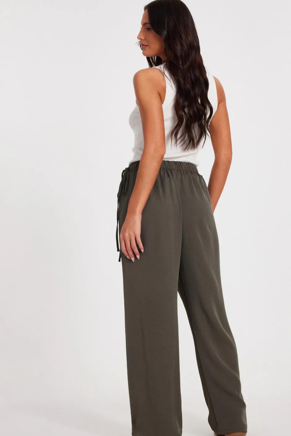 Quiz Tie Waist Palazzo Trousers Khaki Clearance