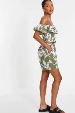 Quiz Khaki Tropical Print Bardot Crop Top Online