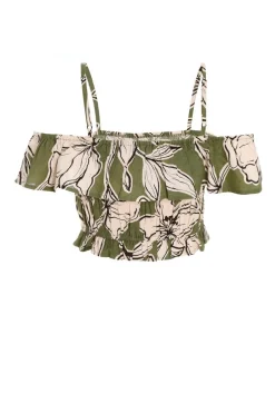Quiz Khaki Tropical Print Bardot Crop Top Online