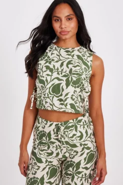 Quiz Khaki Tropical Print Crop Top New