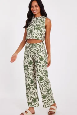Quiz Khaki Tropical Print Crop Top New