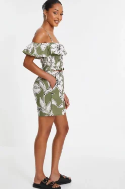 Quiz Khaki Tropical Print Shorts Clearance