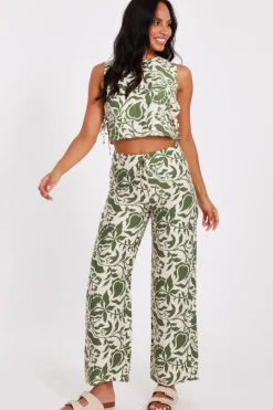 Quiz Khaki Tropical Print Trousers