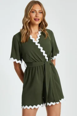 Quiz Wavy Trim Playsuit Khaki Best
