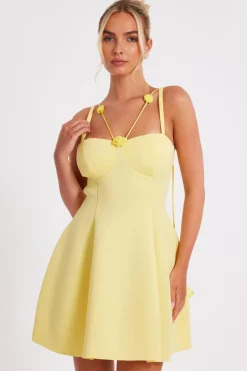 Quiz Floral Trim Mini Dress Lemon Online