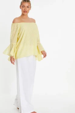 Quiz Lemon Textured Chiffon Bardot Top Yellow New
