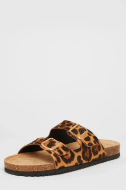 Quiz Leopard Print Double Buckle Flat Sandals Multi New