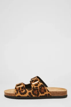 Quiz Leopard Print Double Buckle Flat Sandals Multi New