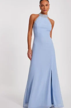 Quiz Embellished Chiffon Maxi Dress Light Blue Clearance