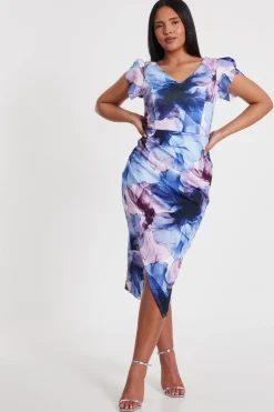 Quiz Light Blue Floral Print Midi Dress Outlet
