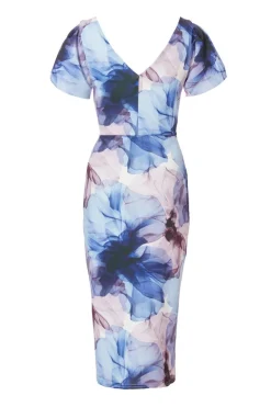 Quiz Light Blue Floral Print Midi Dress Outlet