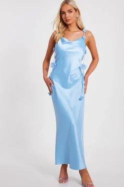 Quiz Satin Midaxi Dress Light Blue New