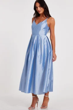 Quiz Taffeta Midaxi Dress Light Blue Clearance