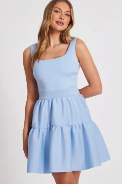 Quiz Light Blue Tiered Skater Mini Dress New