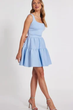 Quiz Light Blue Tiered Skater Mini Dress New