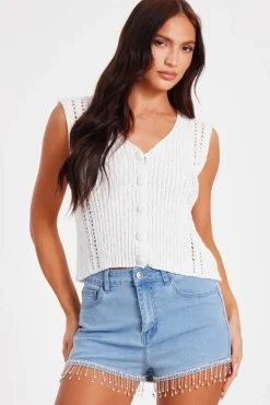 Quiz Light Denim Embellished Shorts Sale