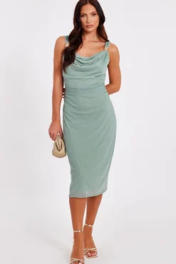 Quiz Light Mesh Buckle Detail Midi Dress Green Online