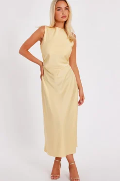Quiz Satin Ruched Midi Dress Light Yellow Discount