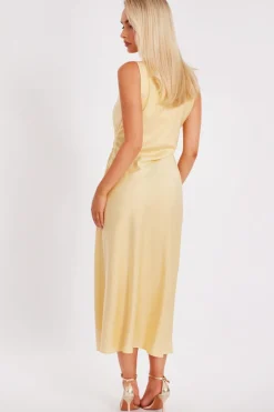 Quiz Satin Ruched Midi Dress Light Yellow Discount