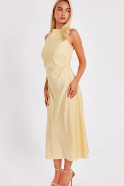Quiz Satin Ruched Midi Dress Light Yellow Discount