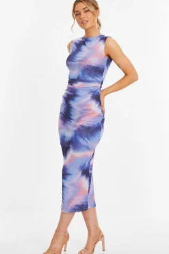 Quiz Lilac Abstract Print Mesh Midaxi Dress New